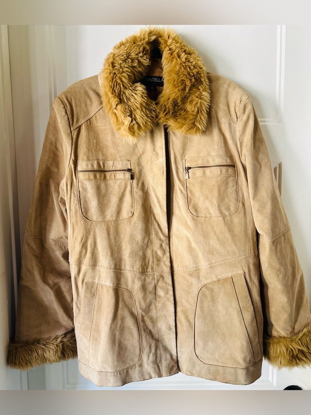 Donatella Sport XL Genuine Leather Tan Faux Fur Trim Y2K Penny Lane Jacket